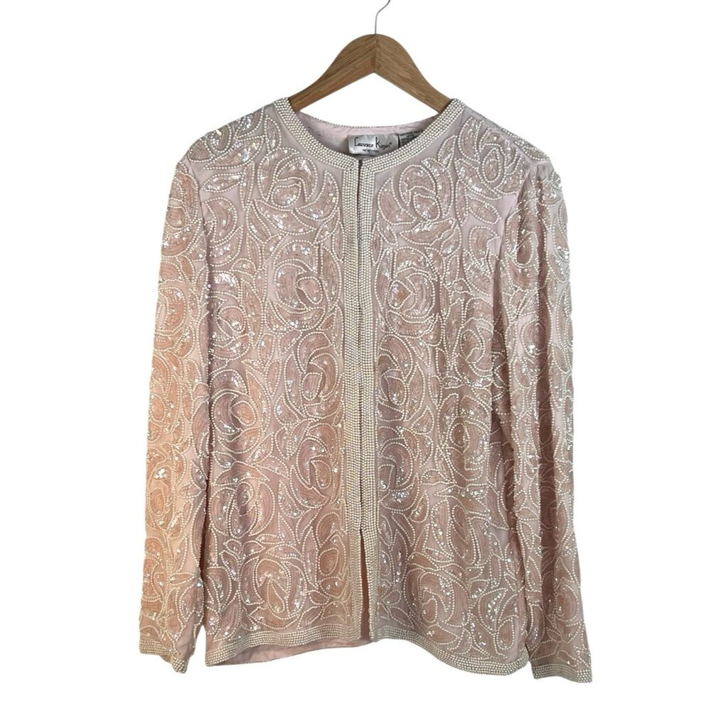 vtg‎ Lawrence Kazar Sequin/Pearl Silk Pink Nude  Womens M Cardigan - Picture 5 of 8